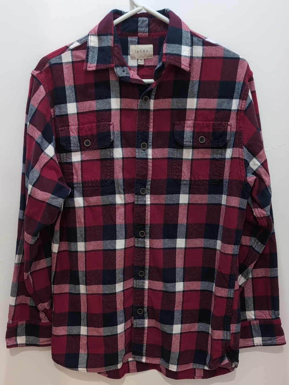 Vintage Men's Jachs Plaid Flannel Shirt 100% Cotton Red/White Navy M